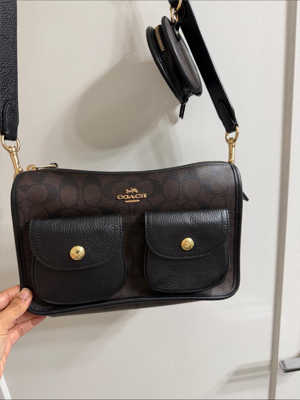 Coach Dark Brown and Black Signature Canvas Crossbody with Front Pockets